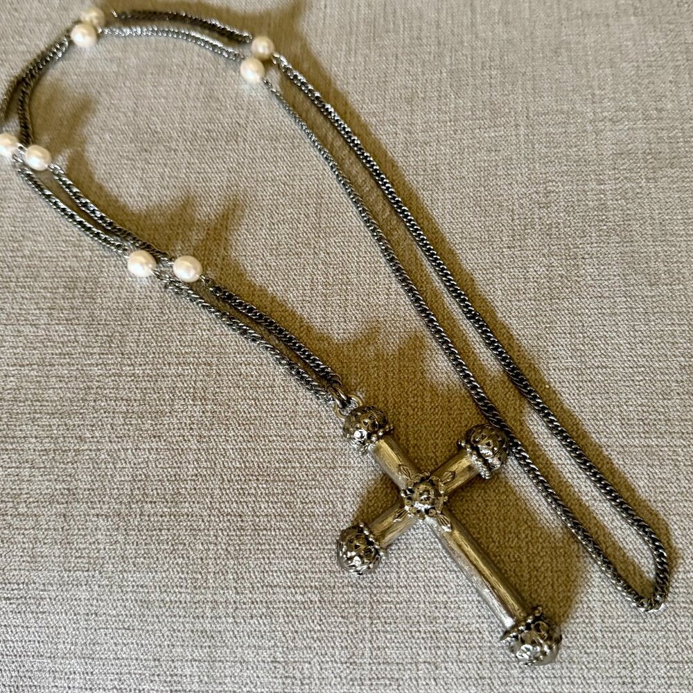 Silver Cross Necklace with Pearls